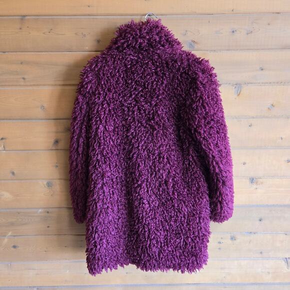 Zara Burgundy Faux Fur Shag Teddy Coat Jacket Small Snap Up Collared Outerwear - Picture 3 of 6